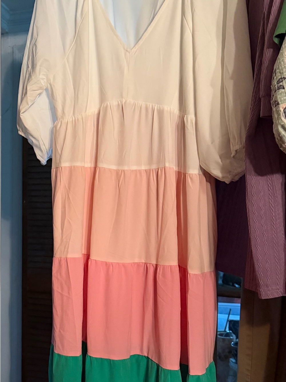 Colorblock Tiered Midi Dress in Cream, Pink & Green